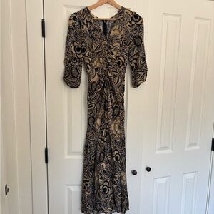 Paisley-Print Midi Dress in Black and Tan